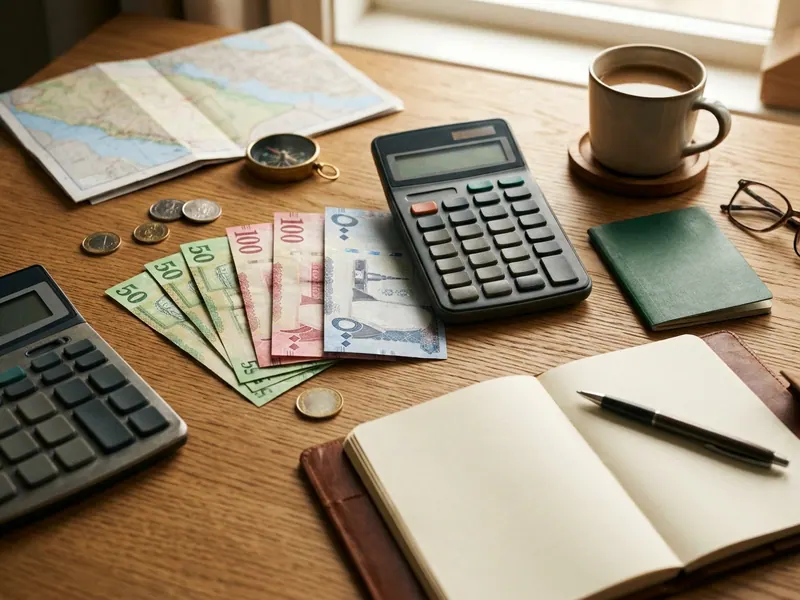 Hesap makinesi, riyal banknotları ve pasaportla bütçe planlaması masası — 10 Günlük Umre Fiyatları 2026 — Paket Karşılaştırm…