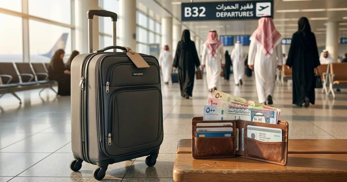 Hazır el bagajının yanında riyal dolu cüzdan — 10 Günlük Umre Fiyatları 2026 — Paket Karşılaştırması