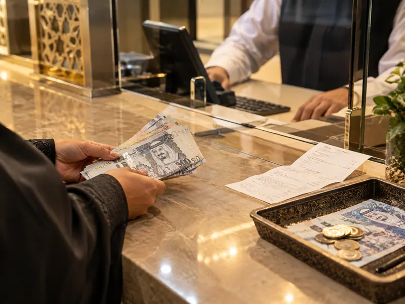 Döviz bürosu tezgâhında riyal banknotları ve fiş — 15 Günlük Umre 2026: Fiyatı Etkileyen Faktörler