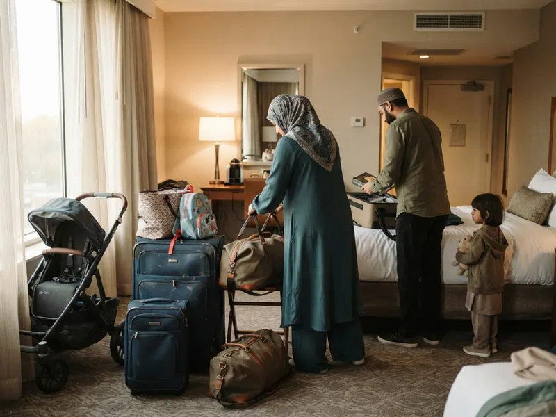 Otel odasında hazırlanmış aile bavulları ve bebek arabası — Aile Umre Turları 2026: Ailece Kutsal Yolculuk Rehberi
