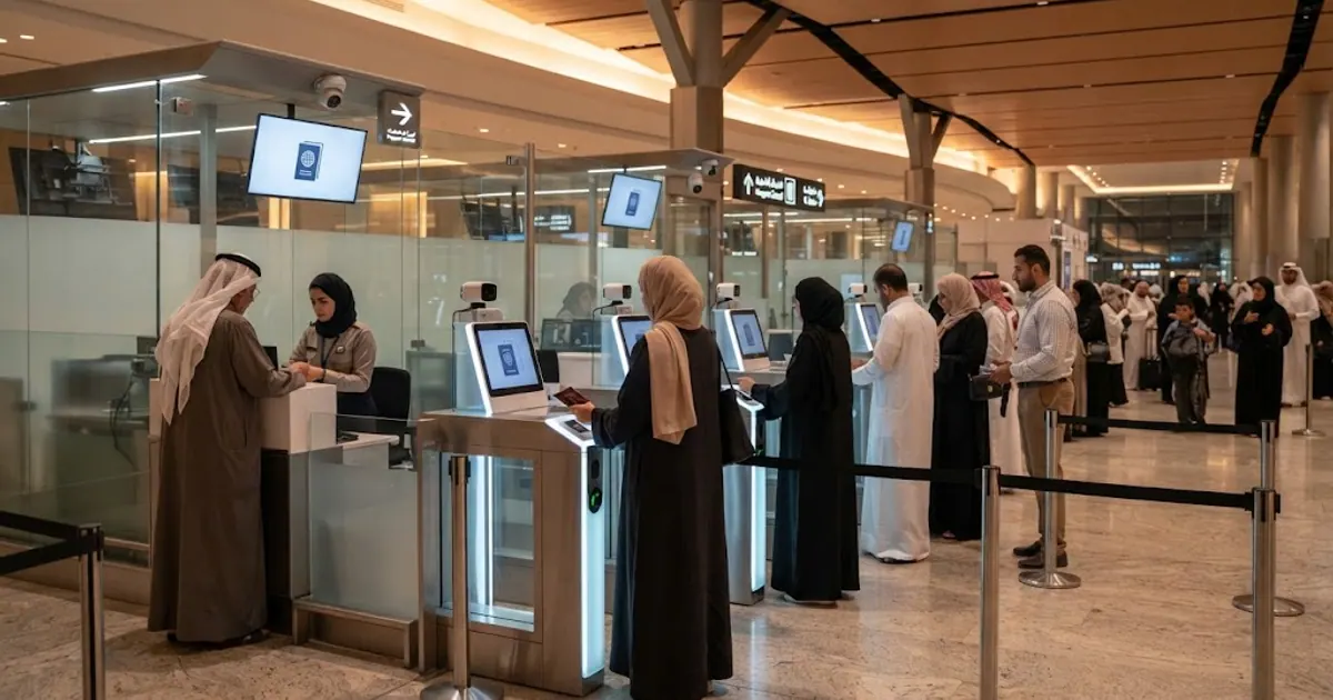 Modern havalimanı terminalinde pasaport kontrol kapıları — Arabistan Vize Ücreti 2026: Güncel Fiyatlar ve Ödeme Rehberi