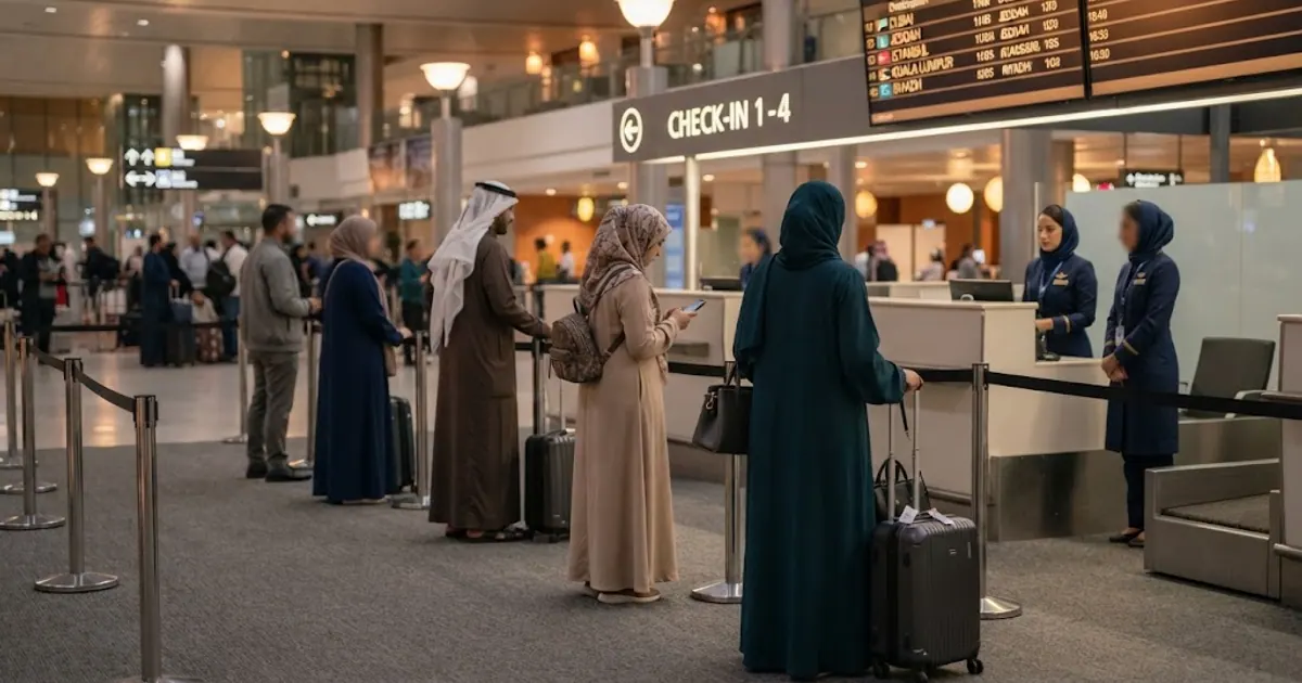 Havalimanı check-in bankosu ve kalkış ekranı — Arabistan Vizesi 2026: Başvuru ve Gerekli Belgeler