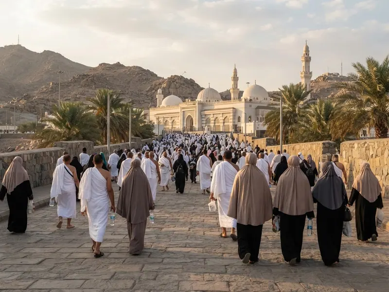Mekâna yaklaşan patikada yürüyen ziyaretçiler — Arafat Camii (Mescid-i Nemire): Tarihçe ve Ziyaret Rehberi