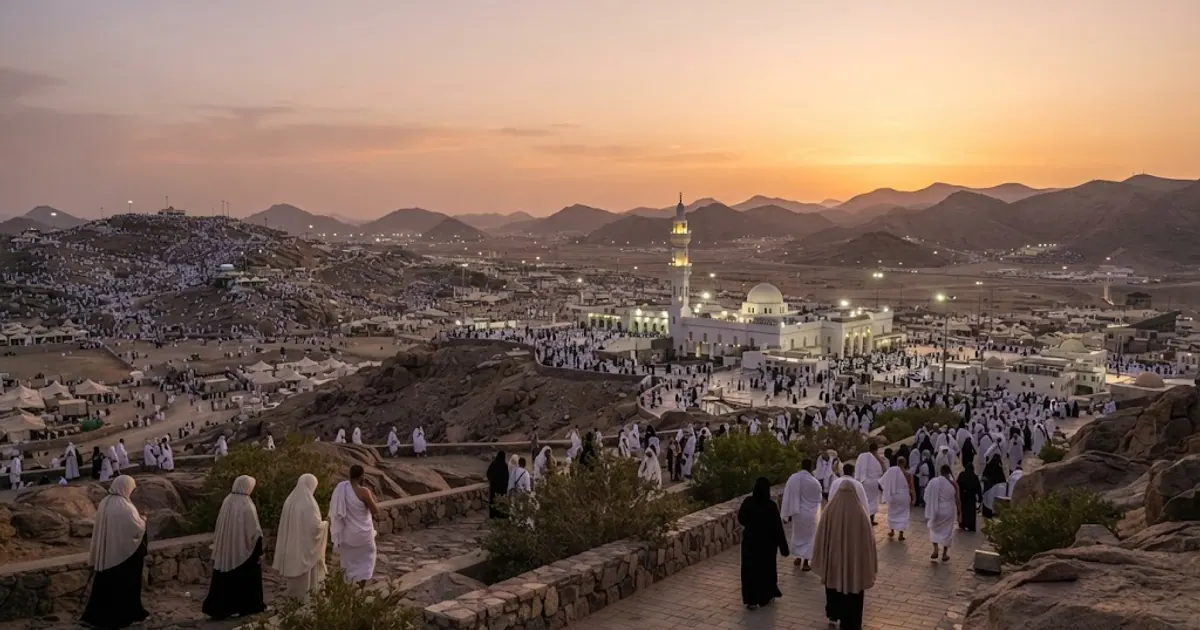 Mekândan gün batımında çevre manzarasının panoramik görünümü — Arafat Camii (Mescid-i Nemire): Tarihçe ve Ziyaret Rehberi
