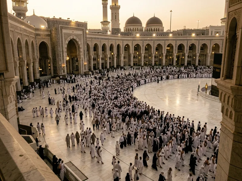 Mescid-i Haram avlusunda tavaf eden hacılar ve Kâbe'nin manevi merkezliği