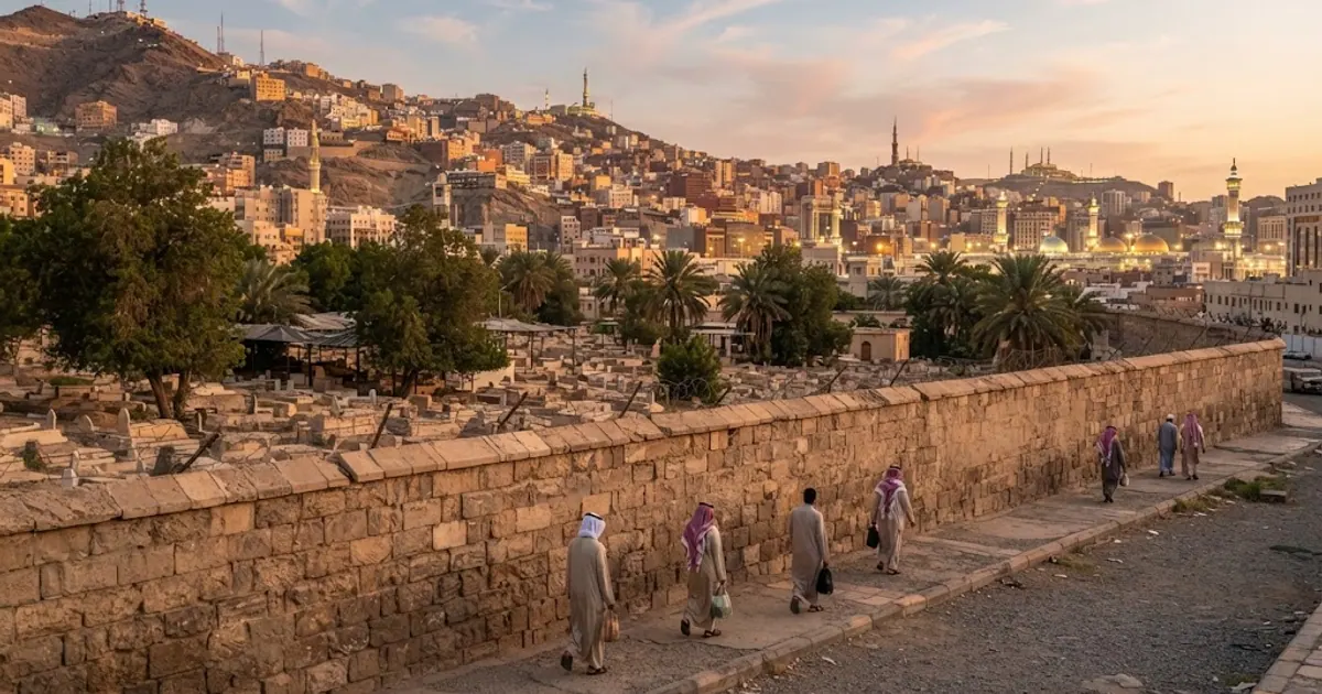 Mekândan gün batımında çevre manzarasının panoramik görünümü — Cennetü'l-Mualla: Kureyşlilerin Mezarı ve Tarihi Mezarlık
