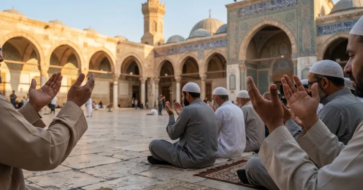 Güneşli cami avlusunda dua için açılmış eller — Cirane (Ci'râne) Nerede? Umre Mîkatı ve Tarihi Rehberi