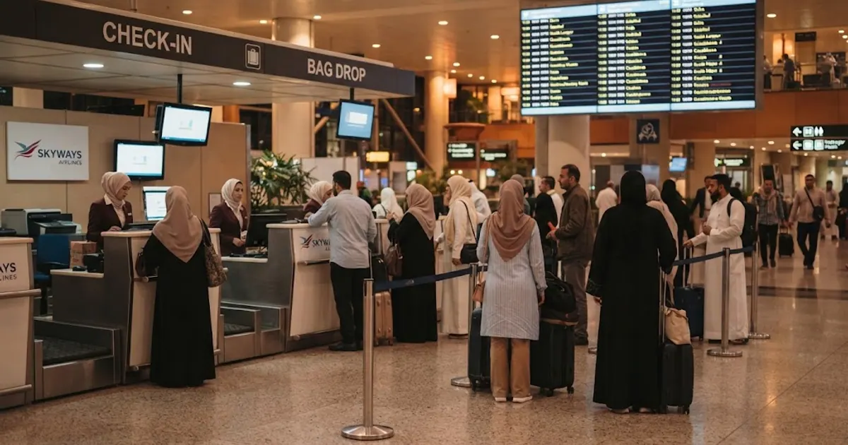 Havalimanı check-in bankosu ve kalkış ekranı — Diyanet Hac Başvurusu 2026: Adım Adım Başvuru Rehberi