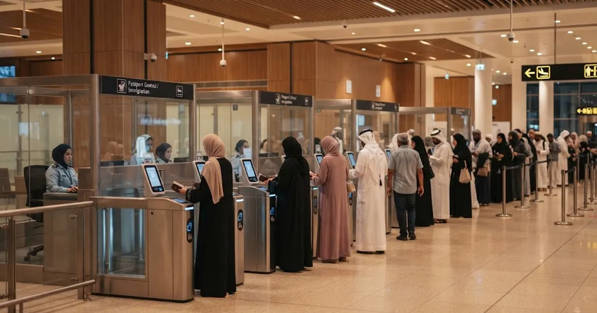 Modern havalimanı terminalinde pasaport kontrol kapıları — Diyanet Umre Fiyatları 2026 (USD Tarife) - Başvuru ve Kategoriler