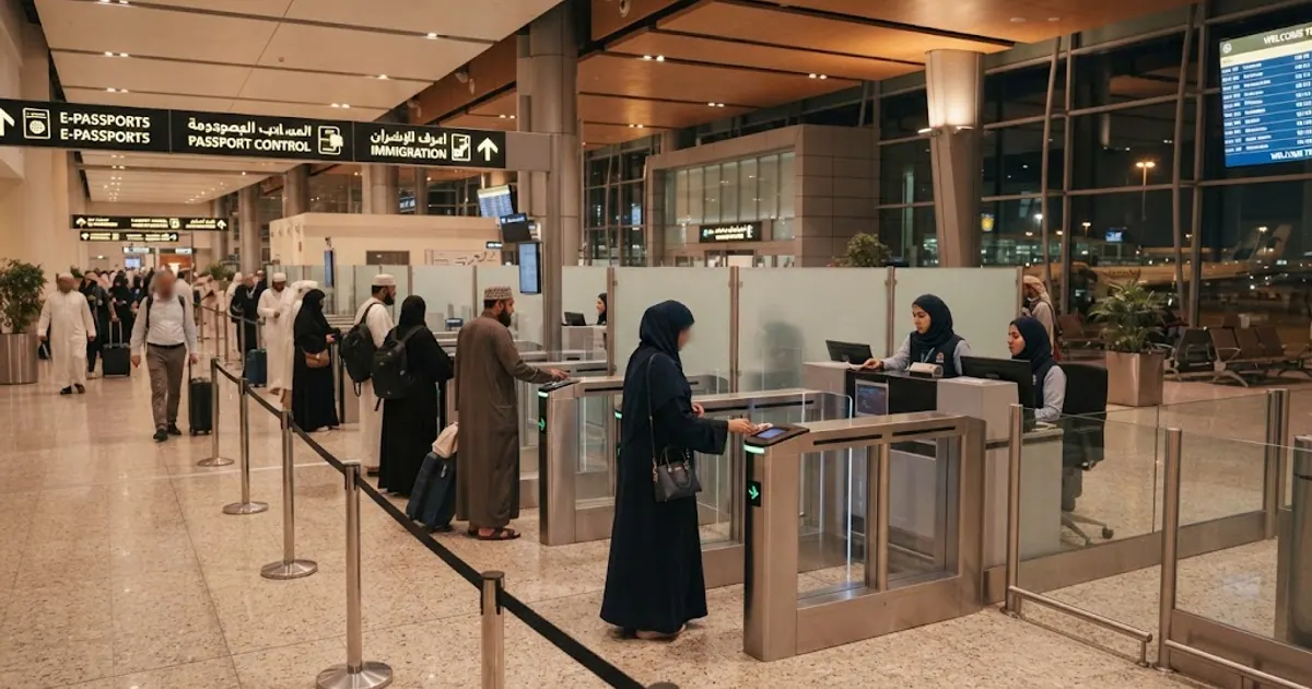 Modern havalimanı terminalinde pasaport kontrol kapıları — Diyanet Umre Fiyatları 2026 - Güncel Paket ve Başvuru Rehberi