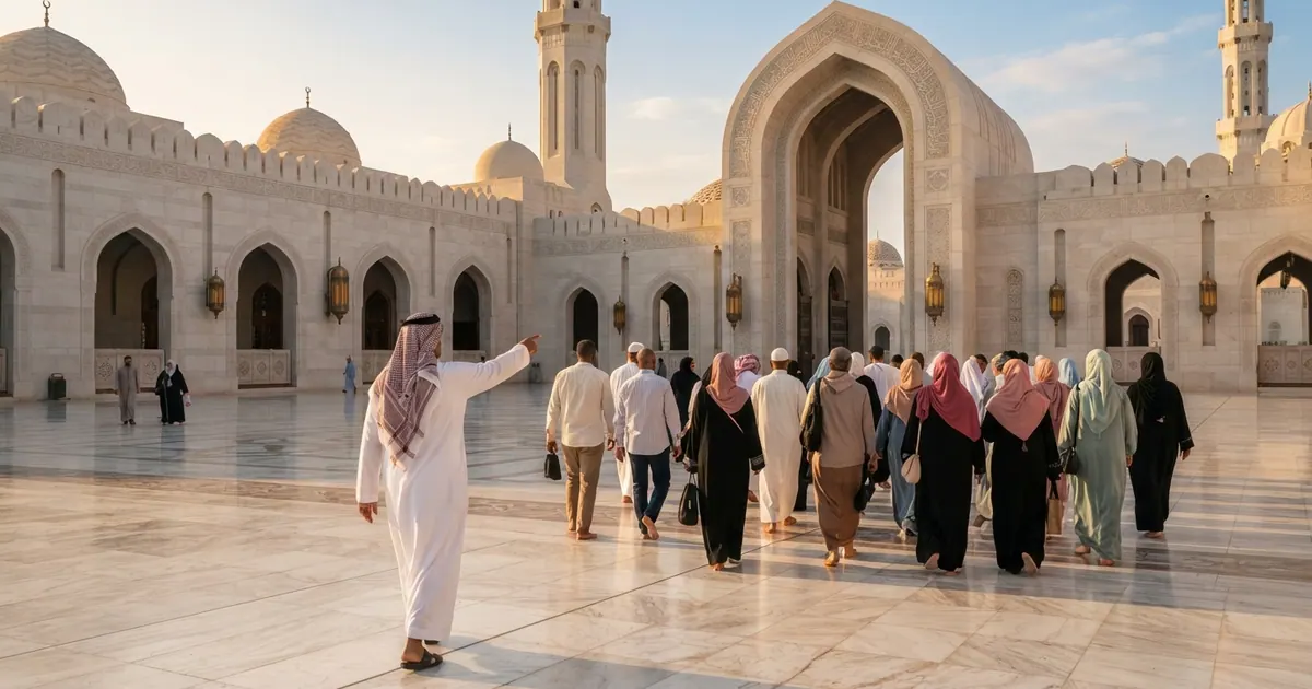 Rehber eşliğinde cami girişine yürüyen tur grubu — Ekrem Turizm — Umre ve Hac Turizmi Hizmetleri