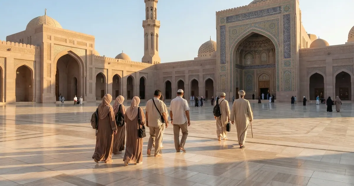 Rehber eşliğinde cami girişine yürüyen tur grubu — En İyi Umre Tur Şirketleri 2026: Seçim Rehberi ve Karşılaştırma