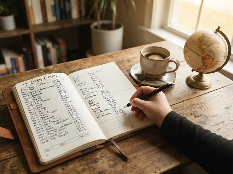 Masada harcama planı yazılı bir defter ve kahve; umre bütçesi hazırlığı