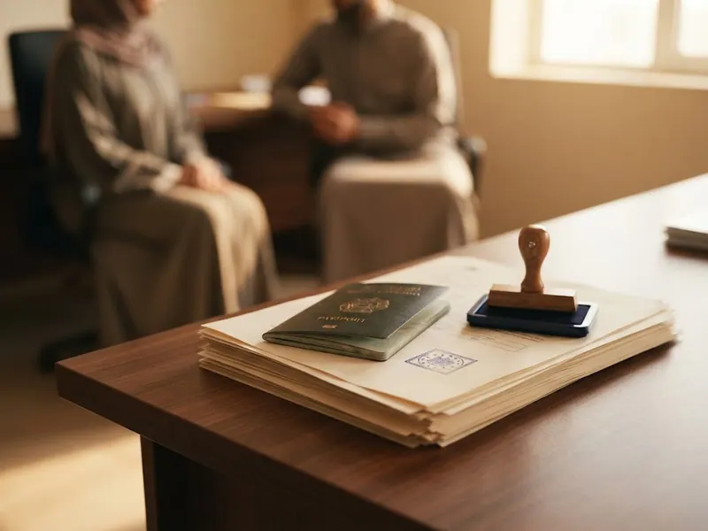 Üstünde pasaport duran resmî evrak yığını ve mühür