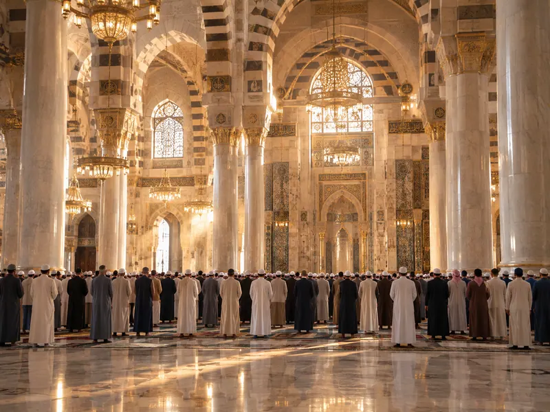 Geniş mermer cami salonunda saf tutmuş cemaat — Hac ile Umre Arasındaki Fark Nedir? Detaylı Karşılaştırma
