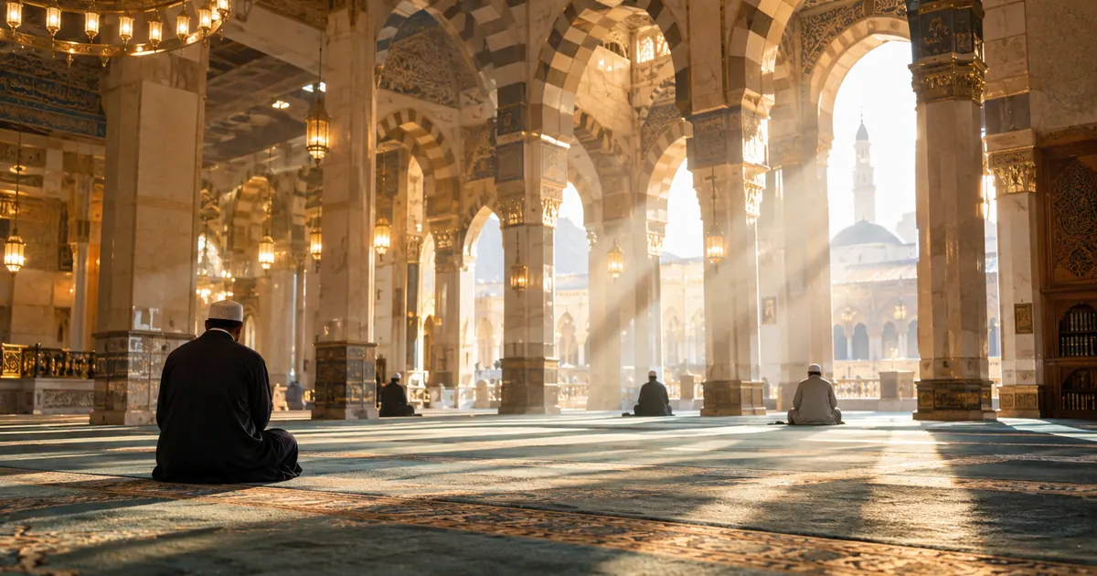 Namaz sonrası sakin cami içi, kemerlerden süzülen ışık — Hac Kurası Ne Zaman Çekilir? Tarihler, Süreç ve Sonuçlar