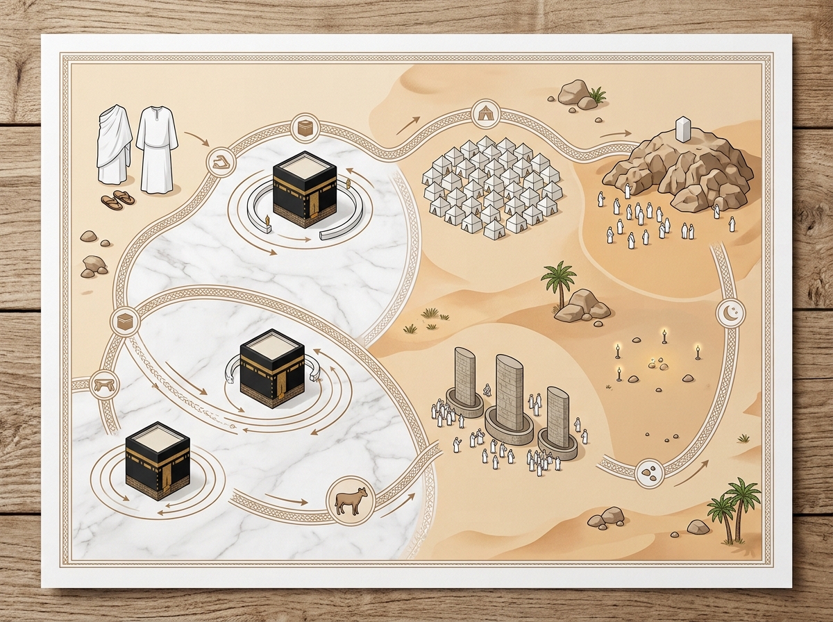 Hac menasiki adımlarını gösteren infografik, ihramdan veda tavafına kronolojik akış