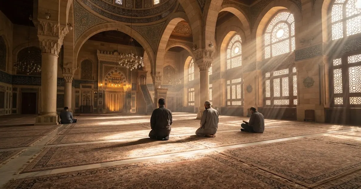 Namaz sonrası sakin cami içi, kemerlerden süzülen ışık — Hac Hakkında Sıkça Sorulan Sorular (SSS): Kapsamlı Rehber 2026