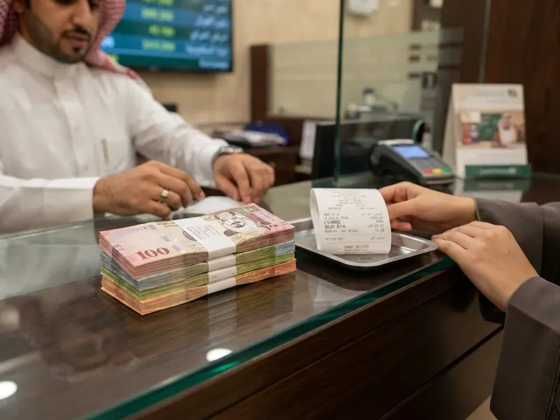 Döviz bürosu tezgâhında riyal banknotları ve fiş