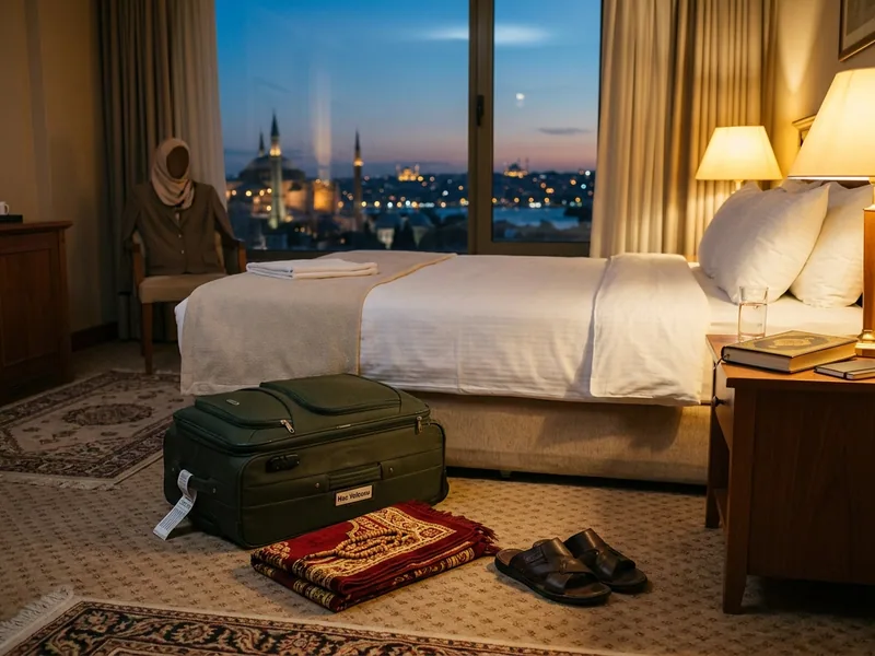 Otel odasında hazırlanmış bavul, seccade ve tesbih