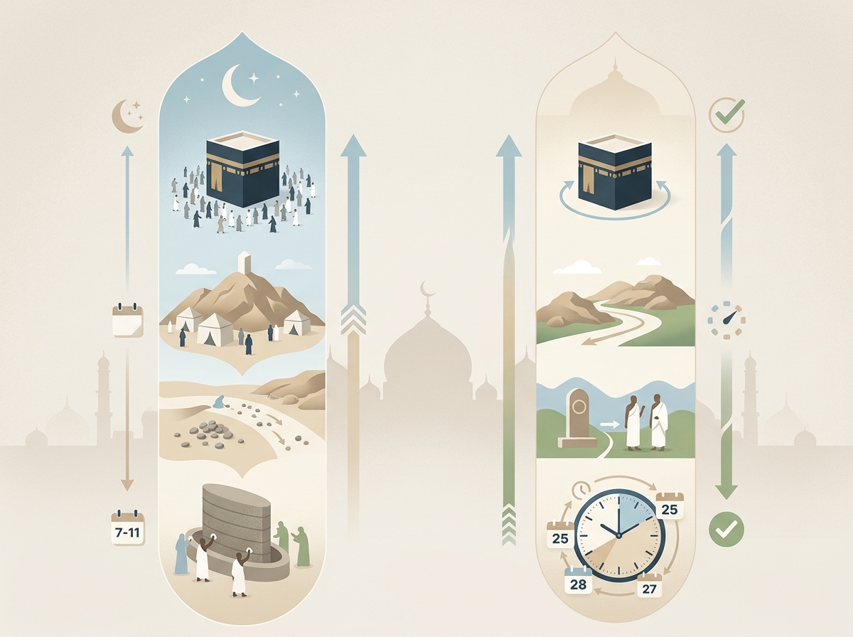 Hac ve umre farkı özet infografik görseli, karşılaştırma özeti