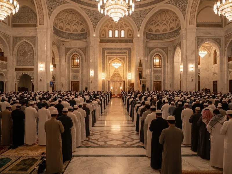 Geniş mermer cami salonunda saf tutmuş cemaat — Hac ve Umre Farkları - Benzerlikler, Zamanları ve Şartları 2026