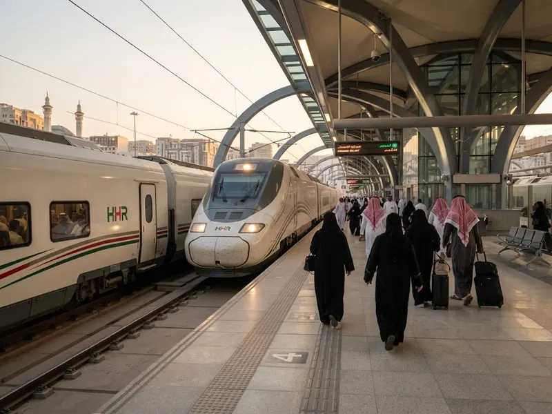 Modern istasyon peronuna yanaşan Haramain hızlı treni — Hac ve Umre Trenle Yapılacak mı? 2026 Güncel Durum