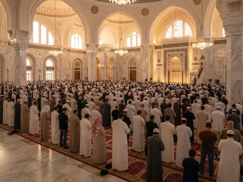 Geniş mermer cami salonunda saf tutmuş cemaat — Hac ve Umre Genel Müdürlüğü: Görev ve Hizmetleri