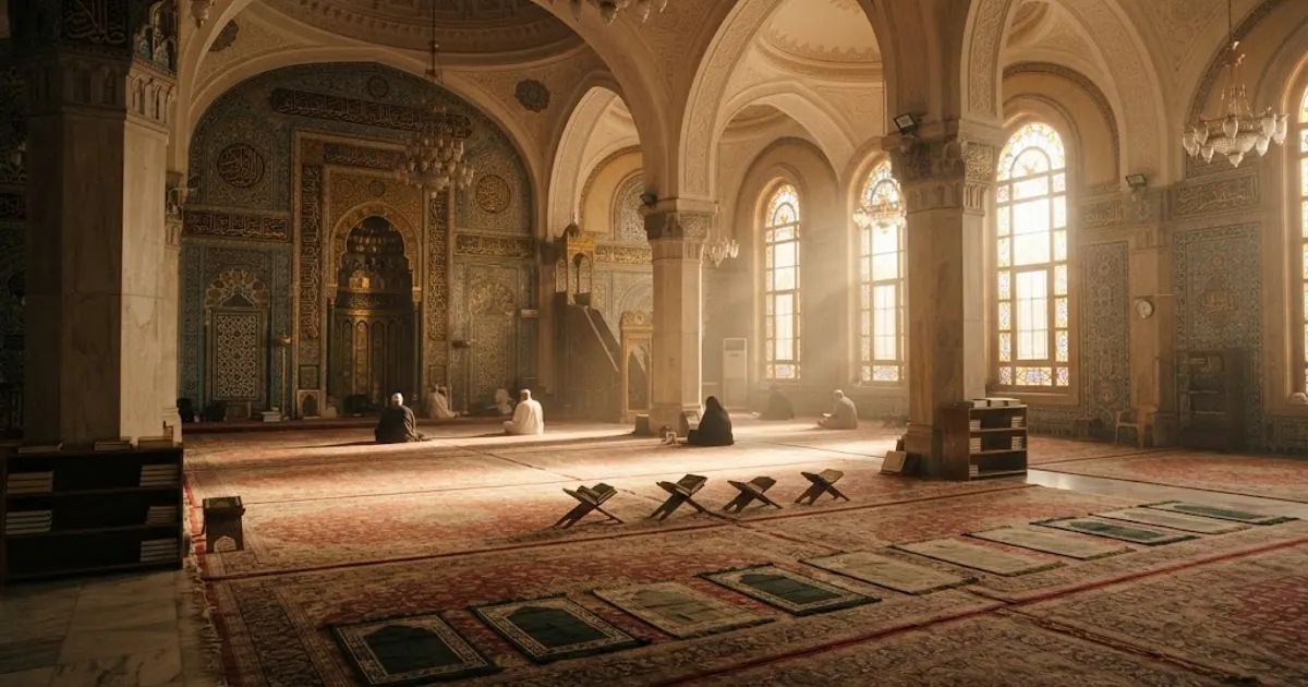 Namaz sonrası sakin cami içi, kemerlerden süzülen ışık — Hac ve Umre Genel Müdürlüğü: Görev ve Hizmetleri