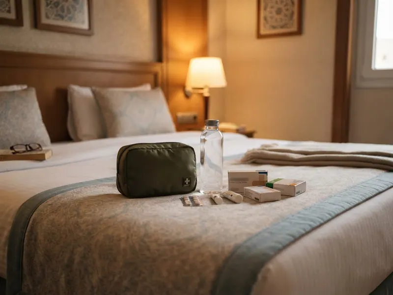 Otel yatağında açılmış seyahat ilk yardım çantası ve su şişesi — Hamileler Umre Yapabilir Mi? 2026 Detaylı Rehber