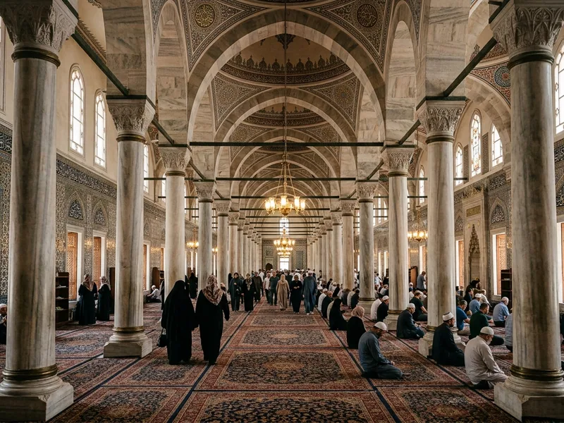 Mescid-i Haram revaklarında düzenli saf tutan kalabalık genel görünüm