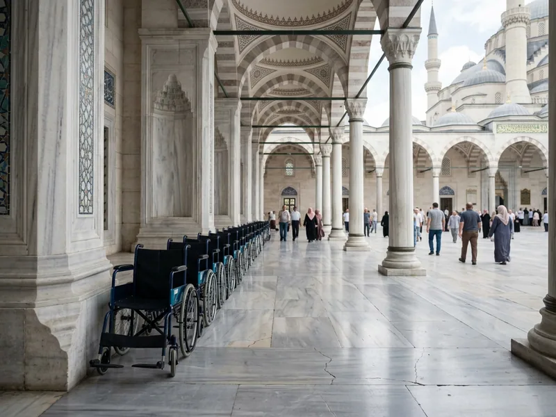Harem avlusunda sıralanmış tekerlekli sandalyeler ve refakatçi bekleyen ziyaretçiler