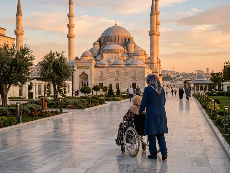Refakatçisiyle birlikte Harem çevresinde ilerleyen tekerlekli sandalye kullanıcısı