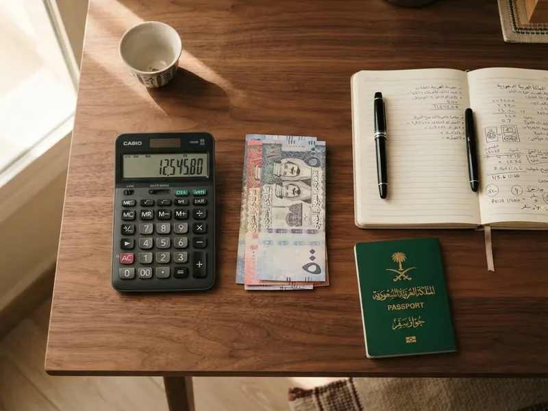 Hesap makinesi, riyal banknotları ve pasaportla bütçe planlaması masası — İhram Fiyatları 2026 — Kumaş Türleri ve Nereden Al…