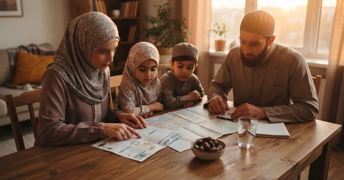 Yemek masasında birlikte seyahat planı inceleyen aile — İhram Fiyatları 2026 — Kumaş Türleri ve Nereden Alınır?