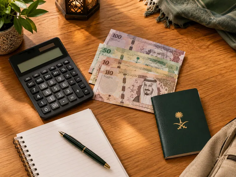 Hesap makinesi, riyal banknotları ve pasaportla bütçe planlaması masası — İkram Turizm Umre 2026: Paketler ve Acente Rehberi