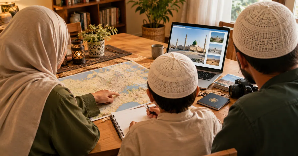 Yemek masasında birlikte seyahat planı inceleyen aile — İkram Turizm Umre 2026: Paketler ve Acente Rehberi
