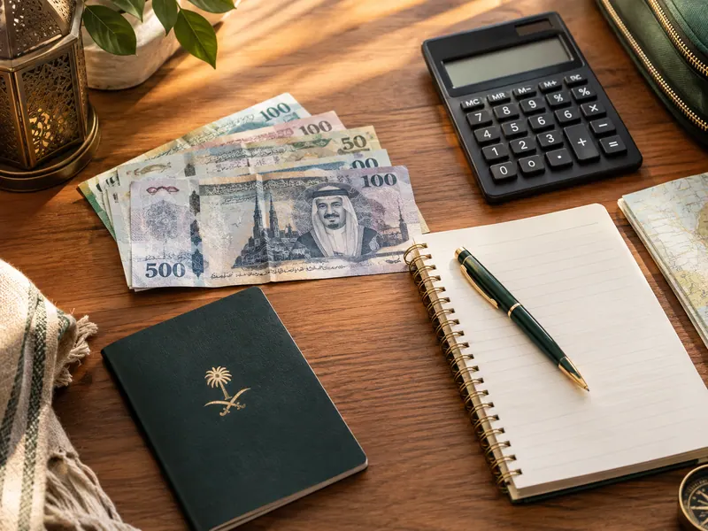 Hesap makinesi, riyal banknotları ve pasaportla bütçe planlaması masası — İkram Umre: 2026 Paket Seçenekleri ve Umre Acenta…