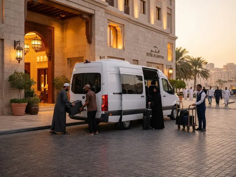 Otel önünde bekleyen beyaz transfer aracı ve yüklenen bavullar — İstanbul Mekke Arası Uçakla Kaç Saat? 2026 Detaylı Rehber