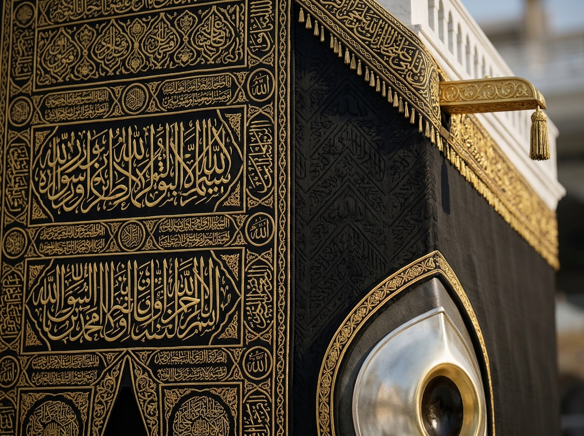 Kabe mimari detay görseli, altın işlemeli kisve ve Hacerül-Esved köşesi detayı