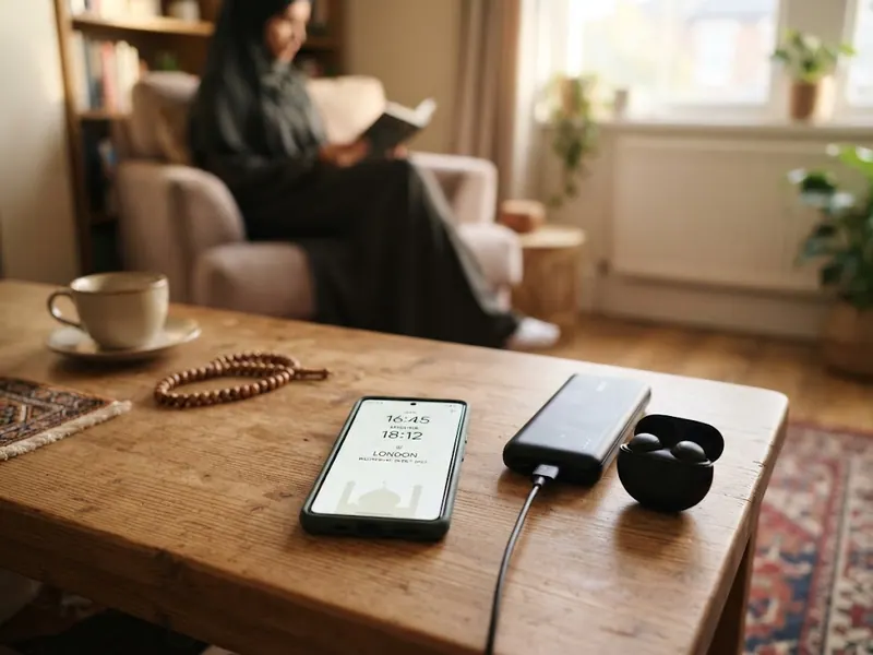 Masada namaz vakti uygulaması açık telefon, powerbank ve kulaklık — Kabe Canlı Yayın 2026 - Mekke ve Medine Canlı Kamera