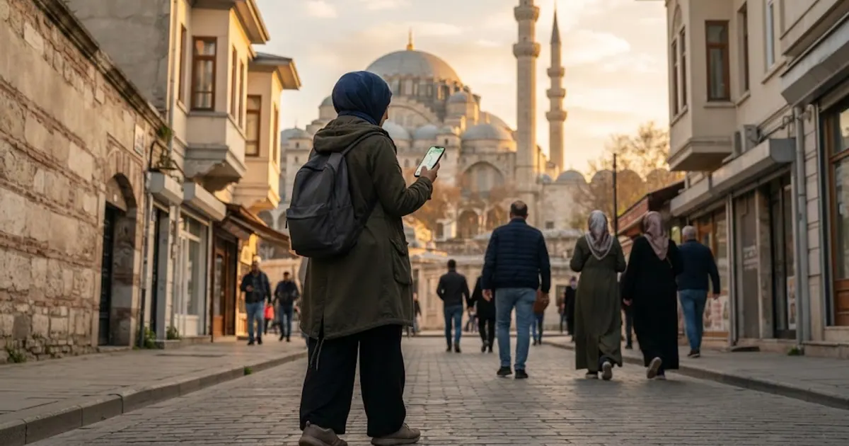 Camiye yürürken harita uygulamasına bakan yolcu — Kabe Canlı Yayın 2026 - Mekke ve Medine Canlı Kamera