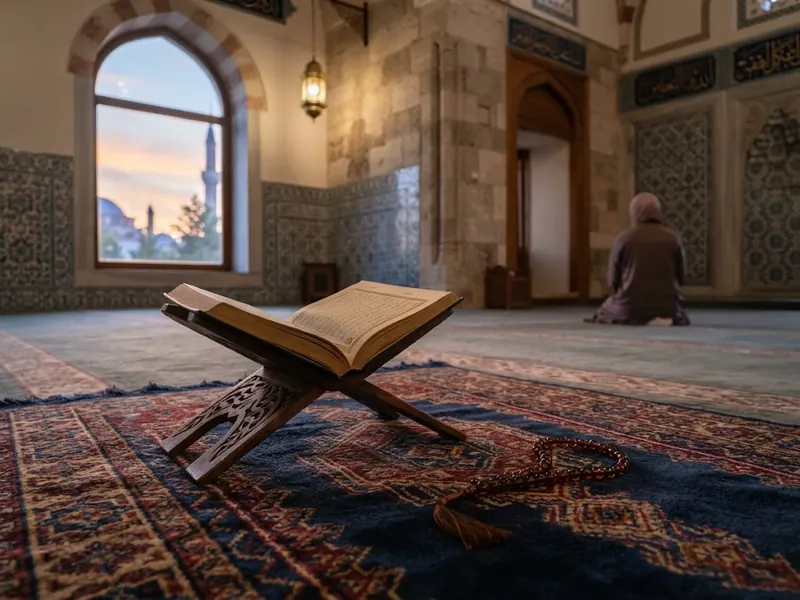 Sessiz cami köşesinde seccade üzerinde açık Kur'an ve tesbih — Kâbe Tavafı: Önemi, Faziletleri ve Adım Adım Yapılışı (2026)