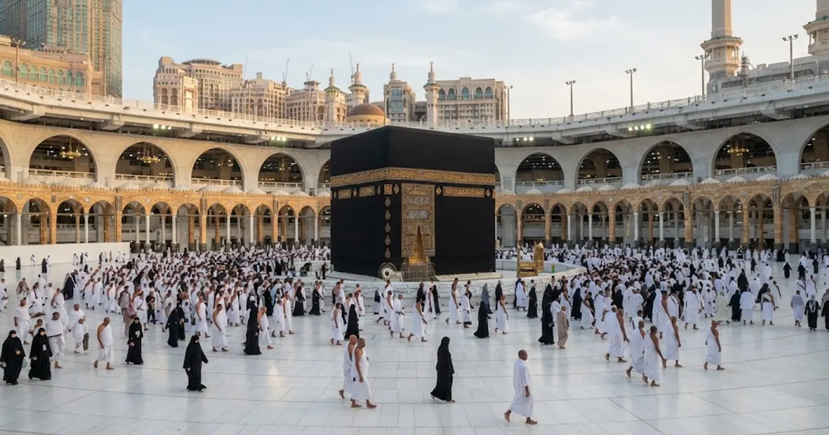 Mekândan gün batımında çevre manzarasının panoramik görünümü — Kâbe'nin İnşası ve Tarihi Yenilemeleri