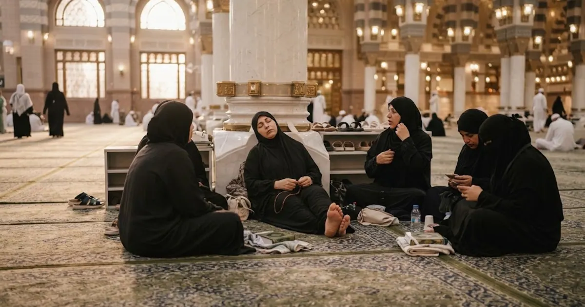 Namaz sonrası cami halısında dinlenen kadın umreciler — Kadınlar İçin Bireysel Umre 2026: Eksiksiz Kadın Yolcu Rehberi