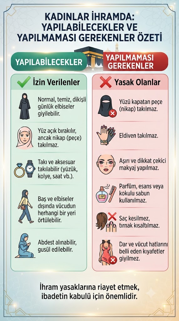 Kadın ihramda yapılabilecekler ve yapılmaması gerekenler özeti