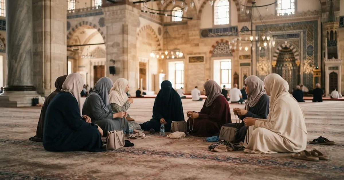 Namaz sonrası cami halısında dinlenen kadın umreciler — Kadınlar Umre Rehberi 2026: Özel Bilgiler ve İpuçları