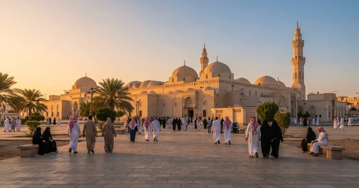 Mekânın gün batımında geniş açı dış görünümü ve ziyaretçiler — Kuba Camii Ziyareti - İslam'ın İlk Camisi 2026 Rehberi