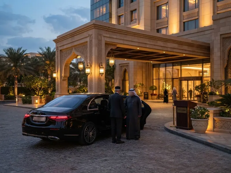 Akşamüstü otel girişinde bekleyen VIP sedan araç — Kutsal Topraklara Trenle Ulaşım: Tarihçe, Hatlar ve 2026 Durumu