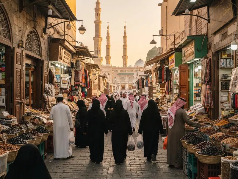 Medine sokaklarında hurma tezgâhları ve küçük dükkânlar — Medine Günlük Yaşam Rehberi 2026: Yeme-İçme Ulaşım Alışveriş